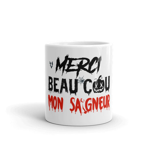Mug Blanc Brillant Halloween Vampire "Merci beau cou mon saigneur"