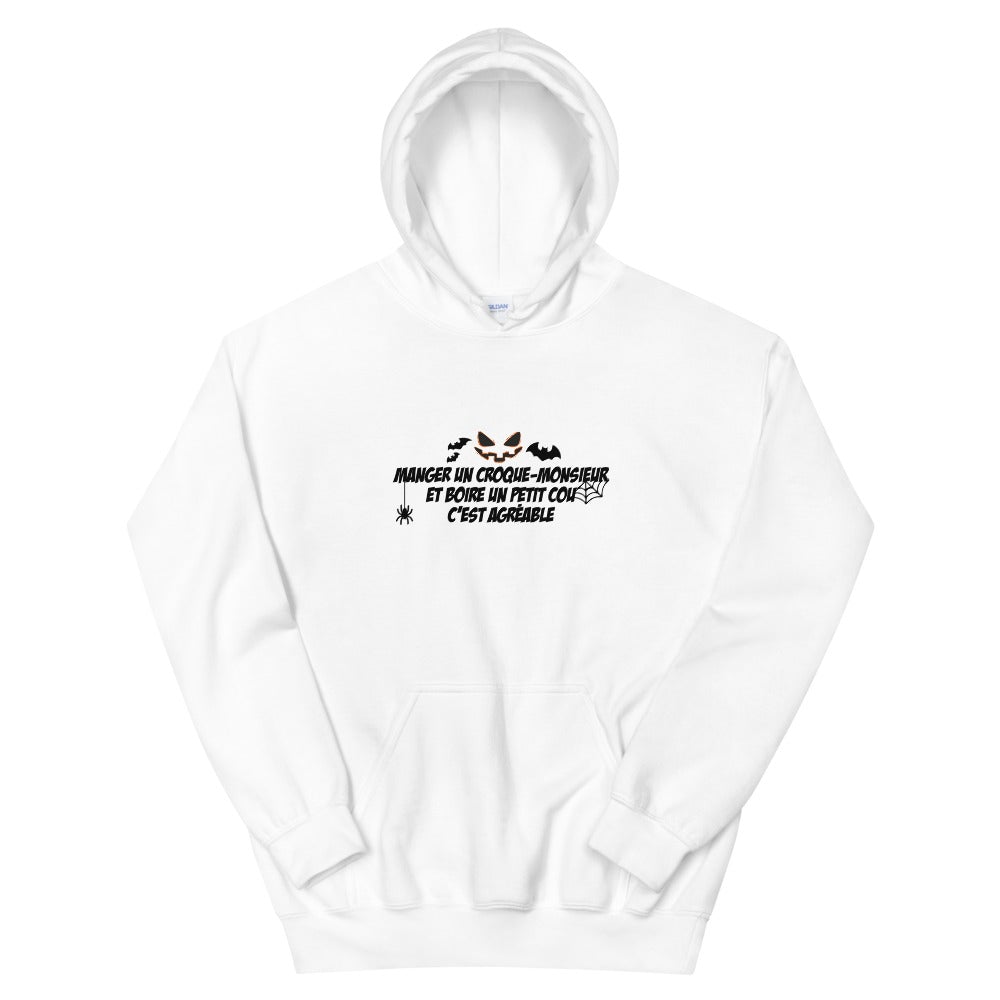 Sweat à capuche halloween unisexe "Manger un croqie-monsieur et boire un petit cou c'est agréable"