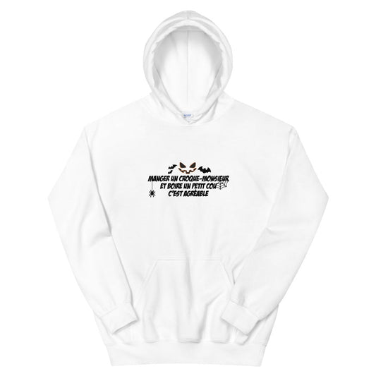Sweat à capuche halloween unisexe "Manger un croqie-monsieur et boire un petit cou c'est agréable"