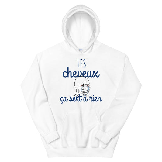 Sweat à capuche mème face déssiné Les cheveux ça sert à rien
